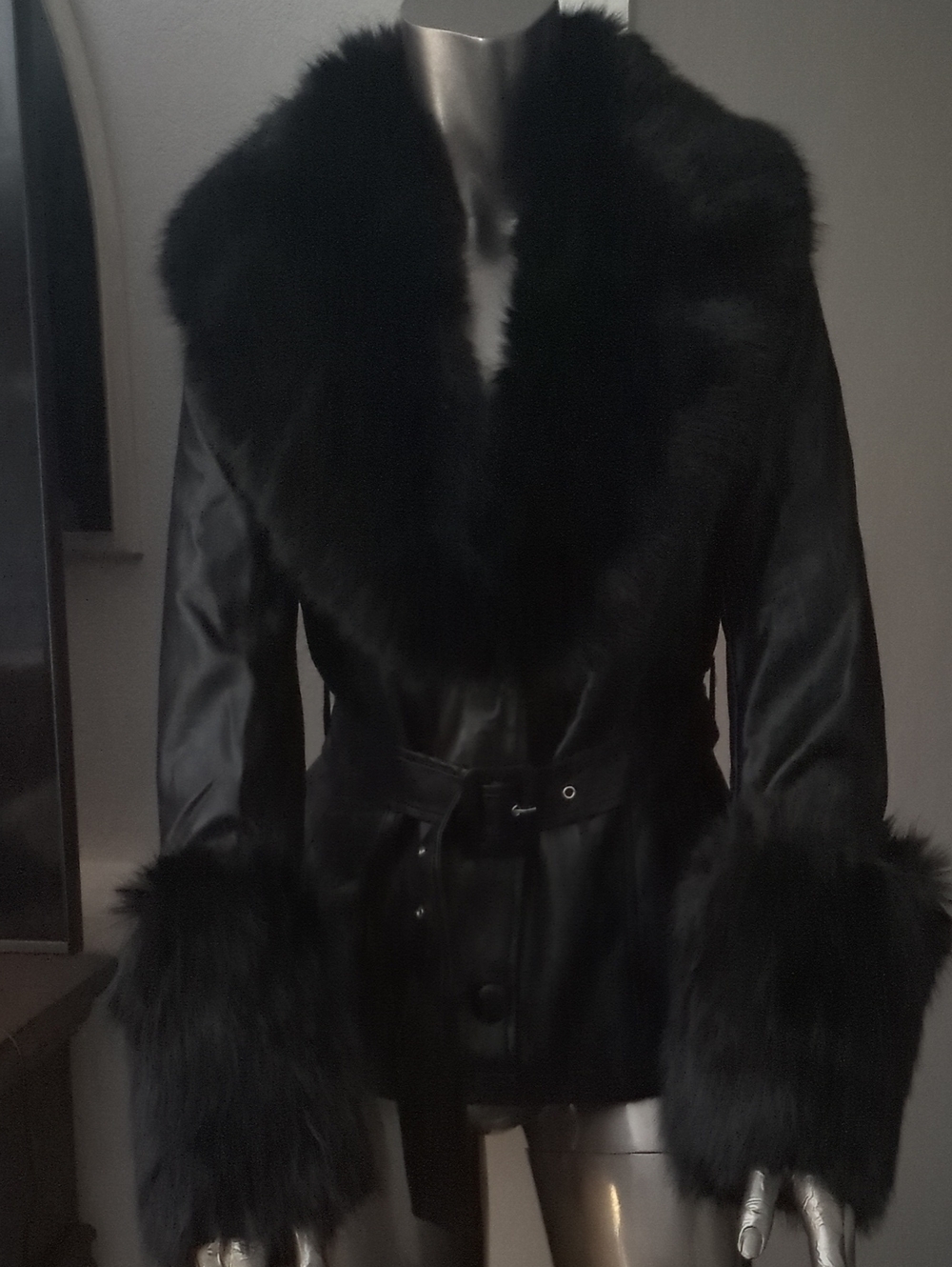 Women's Black Faux Fur Trim Belted Leather Jacket